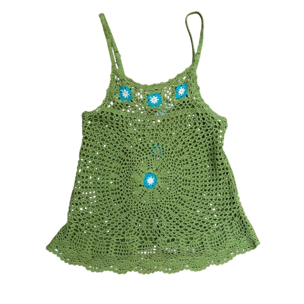 Vtg Green Crochet Boho Cami Top Floral Granny Square Wood Beads M fairy y2k